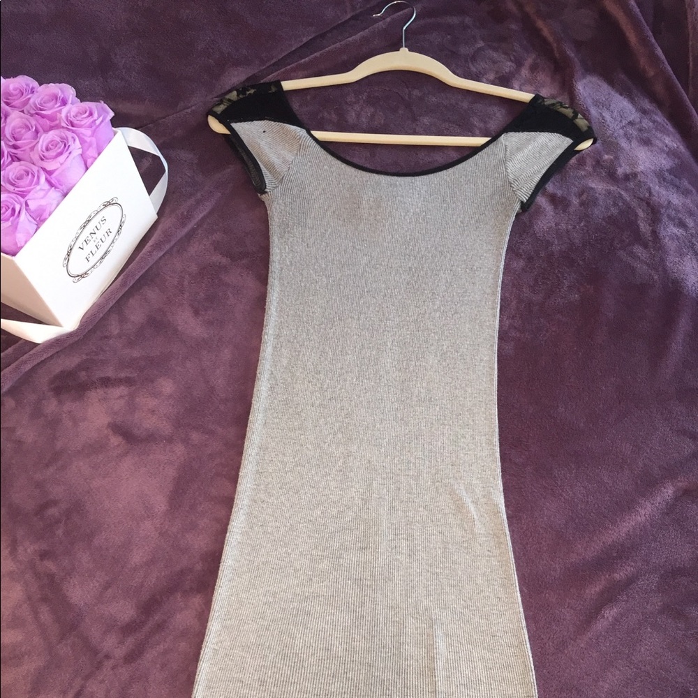 Gray Bebe dress with black lace on sleeves
